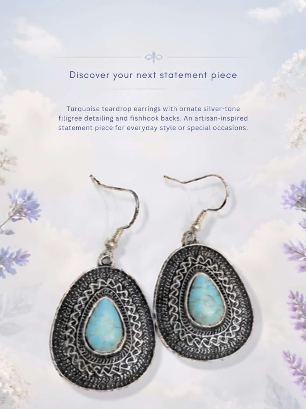 Turquoise and Silver Tone with Decorative Metal Weave Teardrop Stone Earrings.
